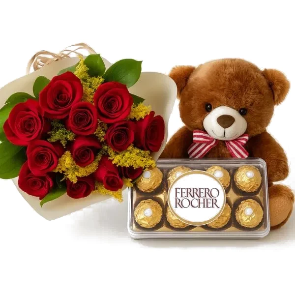 12 Rosas Com Ferrero Rocher e Pelúcia