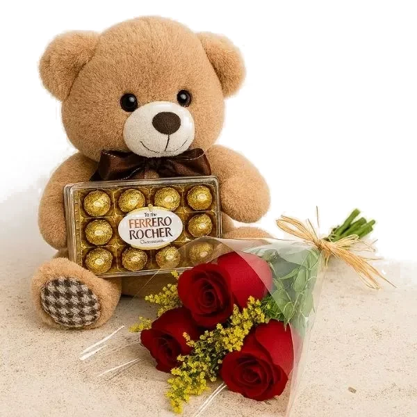 3 Rosas Com Ferrero Rocher e Pelúcia