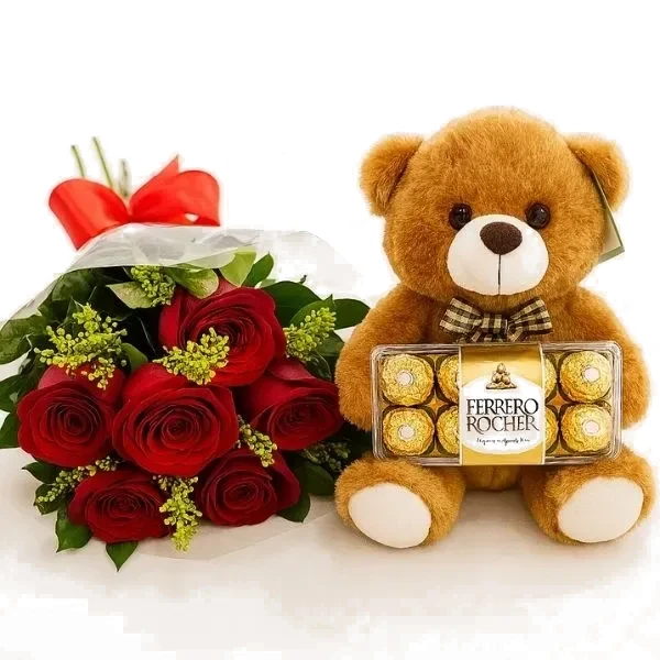 6 Rosas Com Ferrero Rocher e Pelúcia